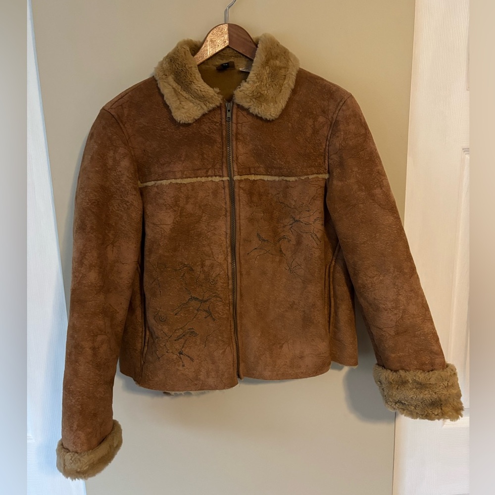 Tsunami Brown Faux Shearling Lined Jacket with Sketched Details Size Small